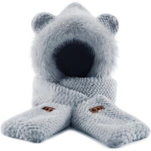 Women's Gray Hooded Scarf Cute Bear Ear Hat Faux Fur Gloves Set Soft